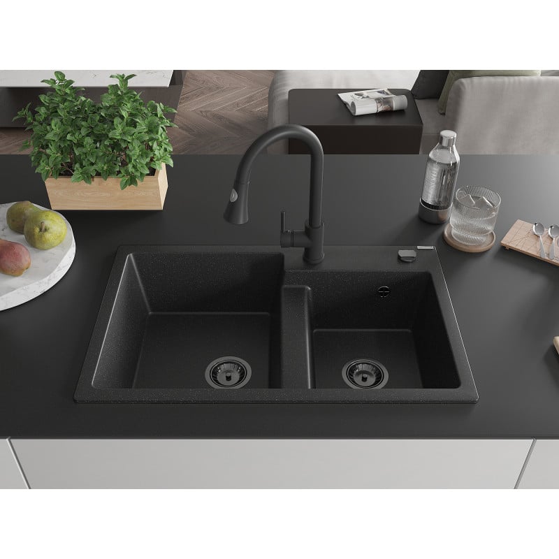 Mexen Tomas Granitspüle 2-Becken mit Küchenarmatur Elia, schwarz/silber metallic - 6516-73-670101-70-B