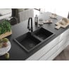 Mexen Tomas Granitspüle 2-Becken mit Küchenarmatur Elia, schwarz/silber metallic - 6516-73-670101-70-B