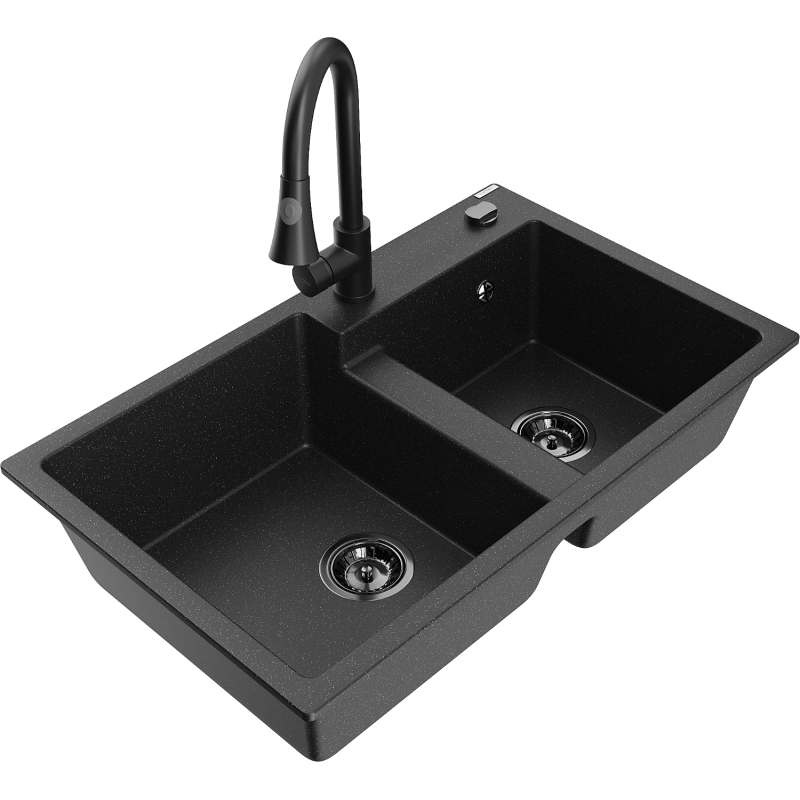 Mexen Tomas Granitspüle 2-Becken mit Küchenarmatur Elia, schwarz/silber metallic - 6516-73-670101-70-B