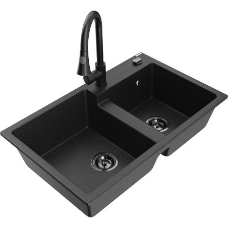 Mexen Tomas 2-Kammer-Granitspüle mit Küchenarmatur Elia, schwarz/silber metallic - 6516-73-670101-70-B
