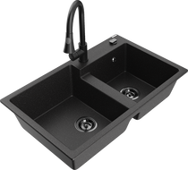 Mexen Tomas Granitspüle 2-Becken mit Küchenarmatur Elia, schwarz/silber metallic - 6516-73-670101-70-B