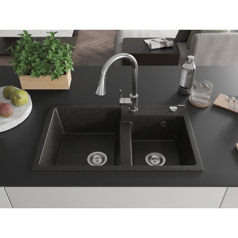 Mexen Tomas Granitspüle 2-Kammer mit Küchenarmatur Elia, schwarz/gold metallic - 6516-75-670101-00