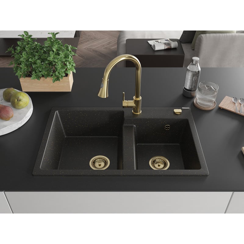 Mexen Tomas Granitspüle 2-Becken mit Küchenarmatur Elia, schwarz/gold metallic - 6516-75-670101-50