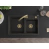 Mexen Tomas Granitspüle 2-Becken mit Küchenarmatur Elia, schwarz/gold metallic - 6516-75-670101-50