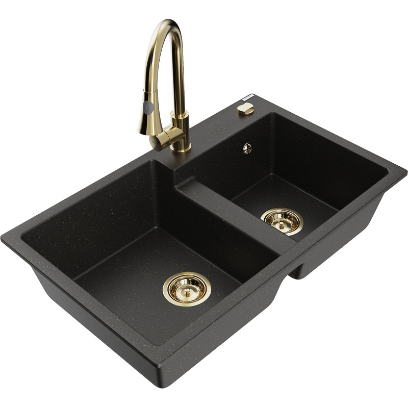 Mexen Tomas 2-Kammer-Granitspüle mit Küchenarmatur Elia, schwarz/gold metallic - 6516-75-670101-50
