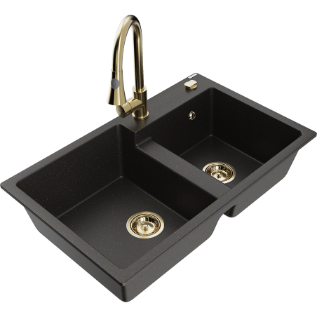 Mexen Tomas Granitspüle 2-Becken mit Küchenarmatur Elia, schwarz/gold metallic - 6516-75-670101-50