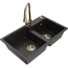 Mexen Tomas 2-Kammer-Granitspüle mit Küchenarmatur Elia, schwarz/gold metallic - 6516-75-670101-50