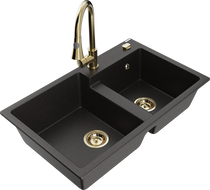 Mexen Tomas Granitspüle 2-Becken mit Küchenarmatur Elia, schwarz/gold metallic - 6516-75-670101-50