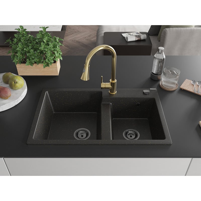Mexen Tomas Granitspüle 2-Kammern mit Küchenarmatur Elia, schwarz/gold metallic - 6516-75-670101-50-B