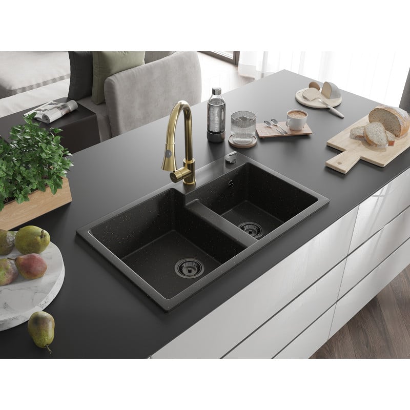 Mexen Tomas Granitspüle 2-Kammern mit Küchenarmatur Elia, schwarz/gold metallic - 6516-75-670101-50-B