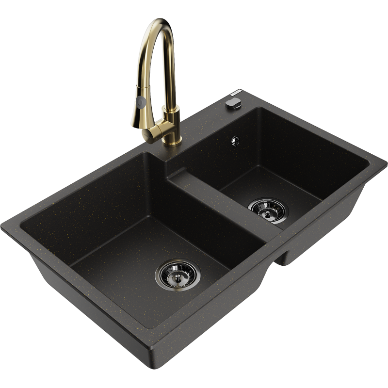 Mexen Tomas Granitspüle 2-Kammern mit Küchenarmatur Elia, schwarz/gold metallic - 6516-75-670101-50-B
