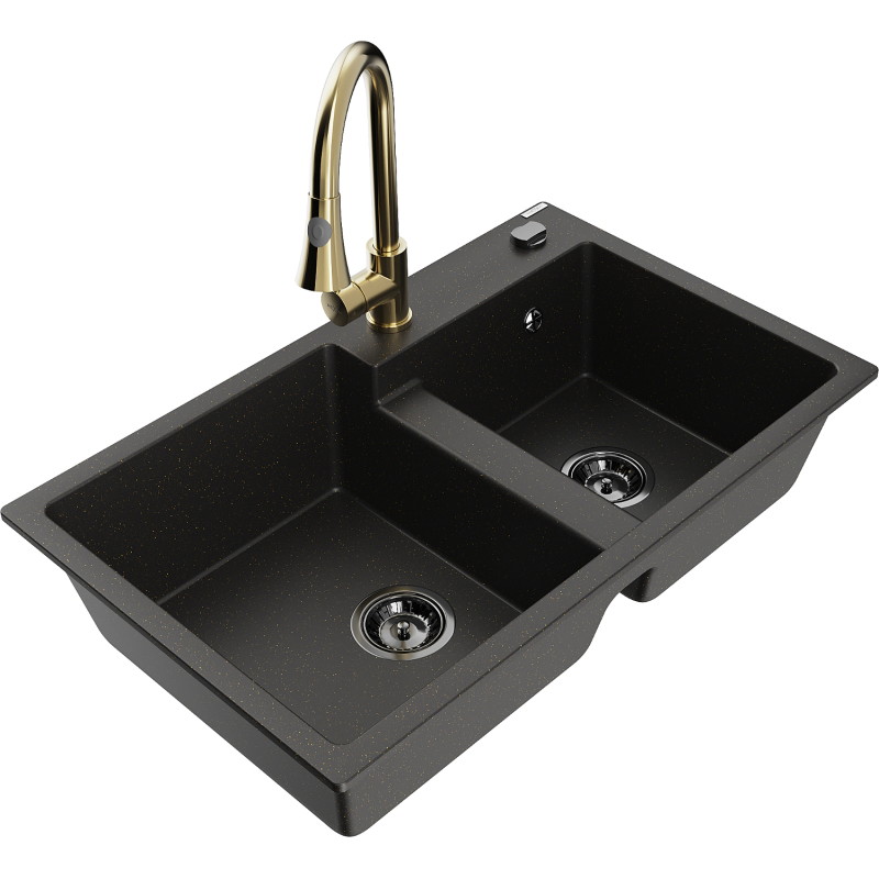 Mexen Tomas Granitspüle mit 2 Becken und Küchenarmatur Elia, schwarz/gold metallisch - 6516-75-670101-50-B