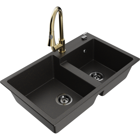 Mexen Tomas Granitspüle 2-Kammern mit Küchenarmatur Elia, schwarz/gold metallic - 6516-75-670101-50-B
