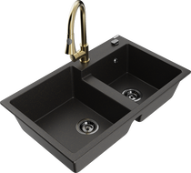 Mexen Tomas Granitspüle 2-Kammern mit Küchenarmatur Elia, schwarz/gold metallic - 6516-75-670101-50-B
