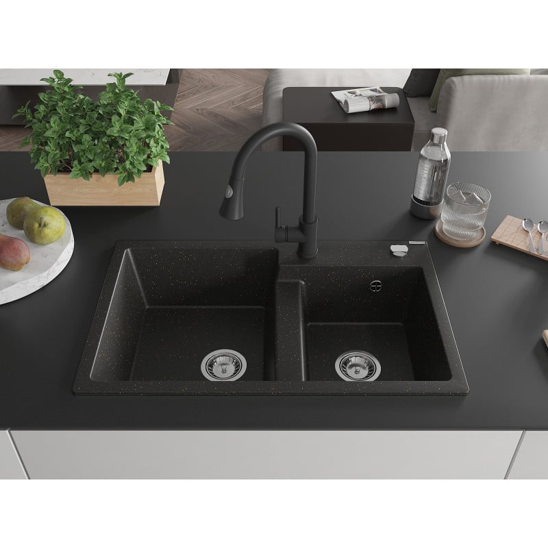 Mexen Tomas Granitspüle 2-Kammer mit Küchenarmatur Elia, Schwarz/Gold Metallic - 6516-75-670101-70