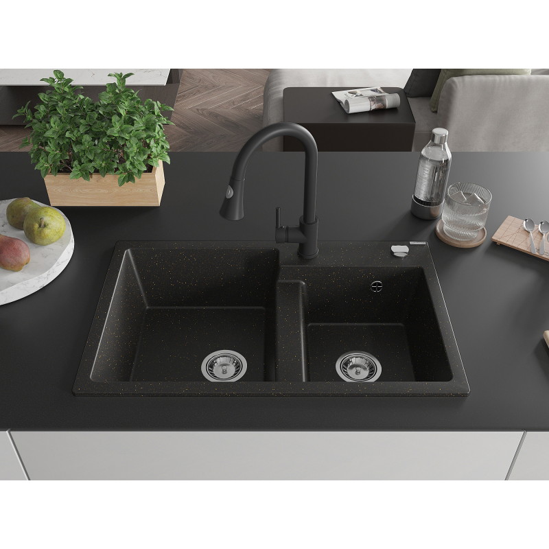 Mexen Tomas Granitspüle 2-Kammer mit Küchenarmatur Elia, schwarz/goldener Metallic - 6516-75-670101-70