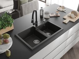 Mexen Tomas Granitspüle 2-Kammer mit Küchenarmatur Elia, Schwarz/Gold Metallic - 6516-75-670101-70
