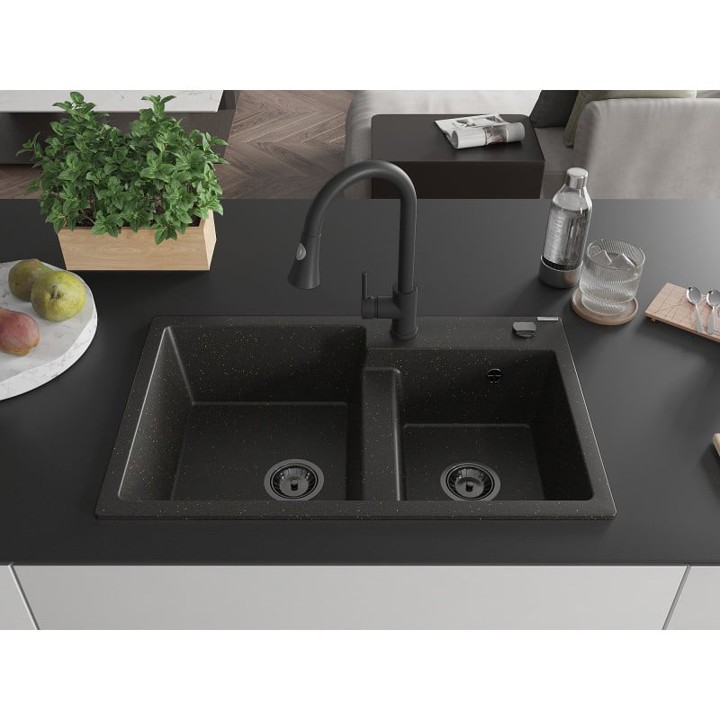Mexen Tomas granitspüle 2-kammer mit Küchenarmatur Elia, schwarz/gold metallic - 6516-75-670101-70-B