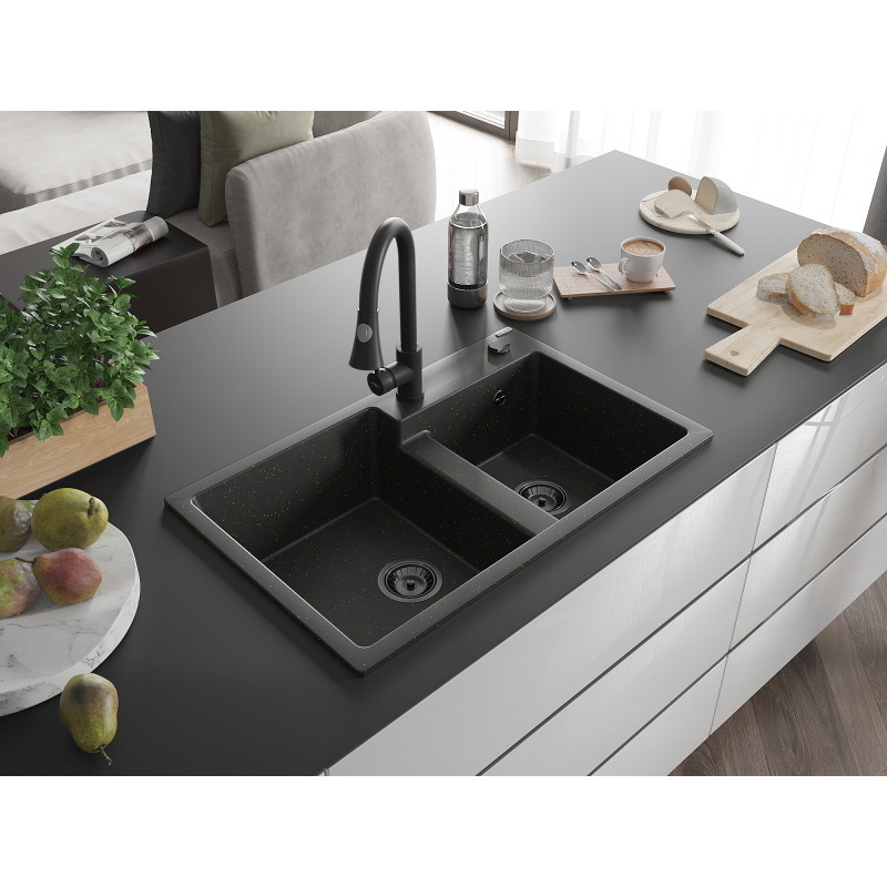 Mexen Tomas granitspüle 2-kammer mit Küchenarmatur Elia, schwarz/gold metallic - 6516-75-670101-70-B