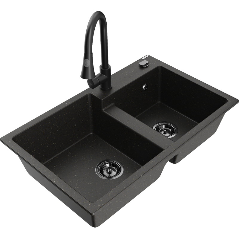 Mexen Tomas Granit-Spüle 2-Kammer mit Küchenarmatur Elia, schwarz/goldener Metallic - 6516-75-670101-70-B