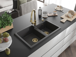 Mexen Tomas Granitspüle 2-Kammer mit Küchenarmatur Elia, schwarz gesprenkelt - 6516-76-670101-50