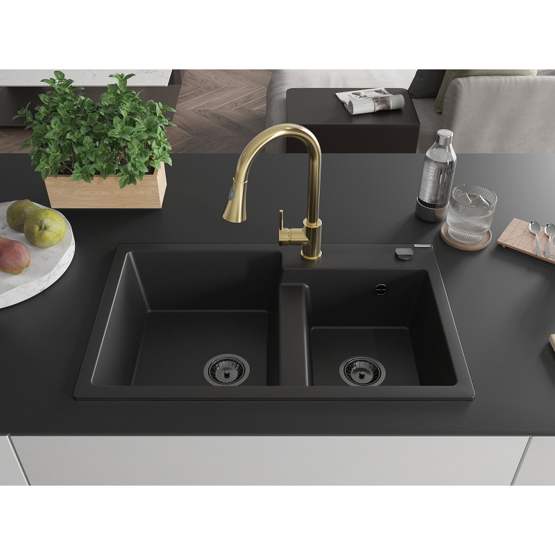 Mexen Tomas Granit-Spüle mit 2 Becken und Küchenarmatur Elia, schwarz - 6516-77-670101-50-B