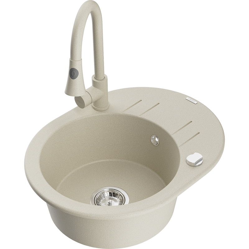 Mexen Kevin Granitspüle 1-beckig mit Abtropffläche und Küchenarmatur Elia, beige - 6517-69-670101-69