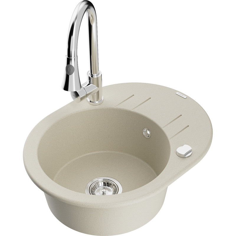 Mexen Kevin Granitspüle mit 1 Becken, Abtropffläche und Küchenarmatur Elia, beige - 6517-69-670101-00