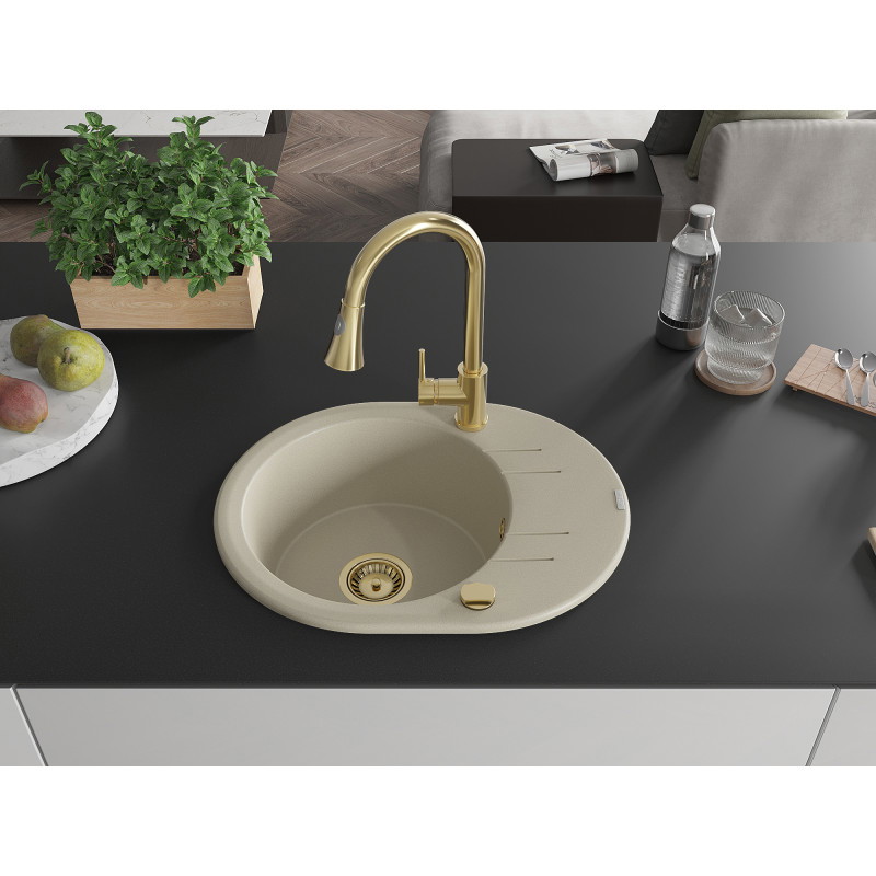 Mexen Kevin Granitspüle 1-beckig mit Abtropffläche und Küchenarmatur Elia, beige - 6517-69-670101-50