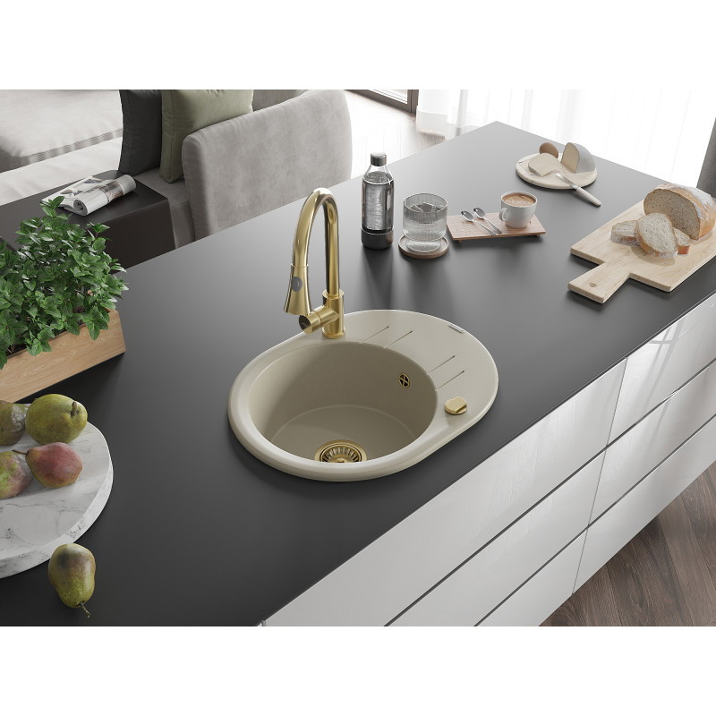 Mexen Kevin Granitspüle 1-beckig mit Abtropffläche und Küchenarmatur Elia, beige - 6517-69-670101-50