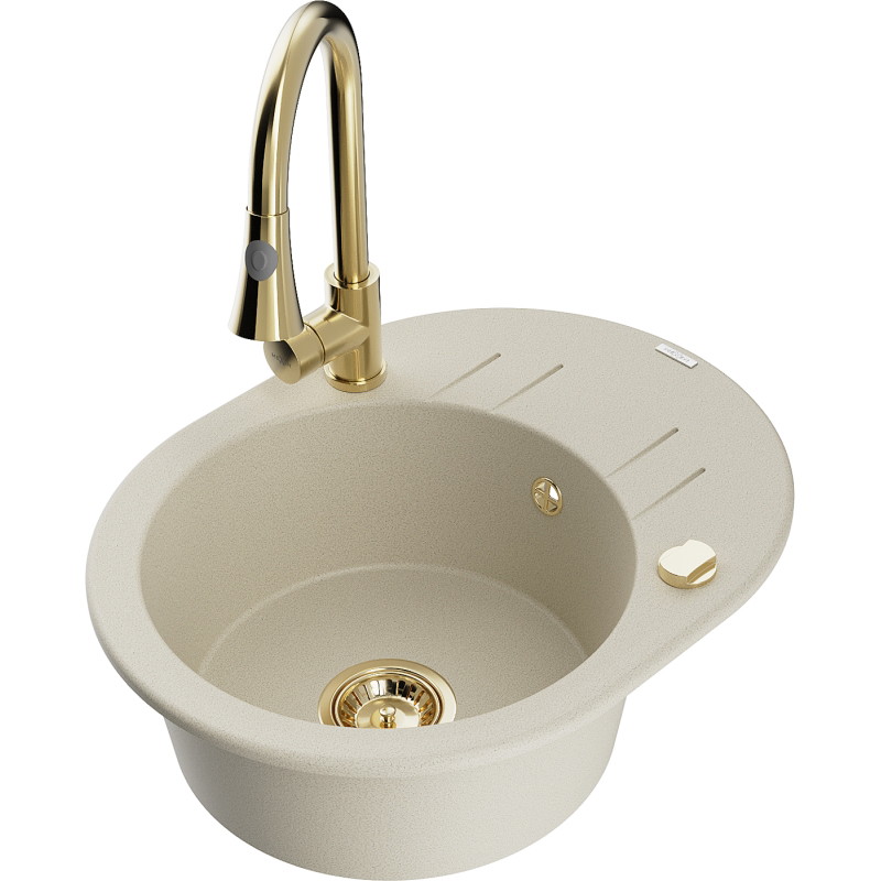 Mexen Kevin Granitspülbecken 1-becken mit Abtropffläche und Küchenarmatur Elia, Beige - 6517-69-670101-50
