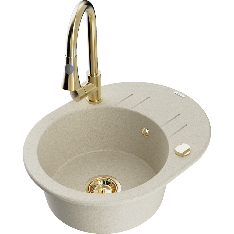 Mexen Kevin Granitspüle 1-beckig mit Abtropffläche und Küchenarmatur Elia, beige - 6517-69-670101-50