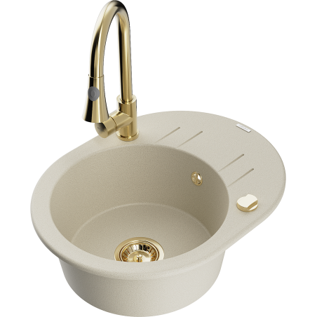 Mexen Kevin Granitspülbecken 1-becken mit Abtropffläche und Küchenarmatur Elia, Beige - 6517-69-670101-50