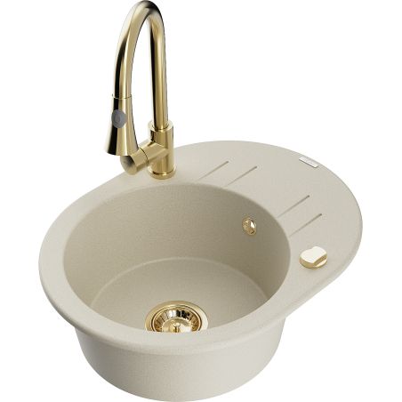 Mexen Kevin Granitspüle 1-beckig mit Abtropffläche und Küchenarmatur Elia, beige - 6517-69-670101-50