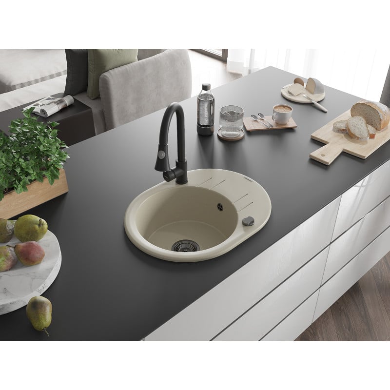 Mexen Kevin Granitspüle 1-Kammer mit Abtropffläche und Küchenarmatur Elia, beige - 6517-69-670101-70