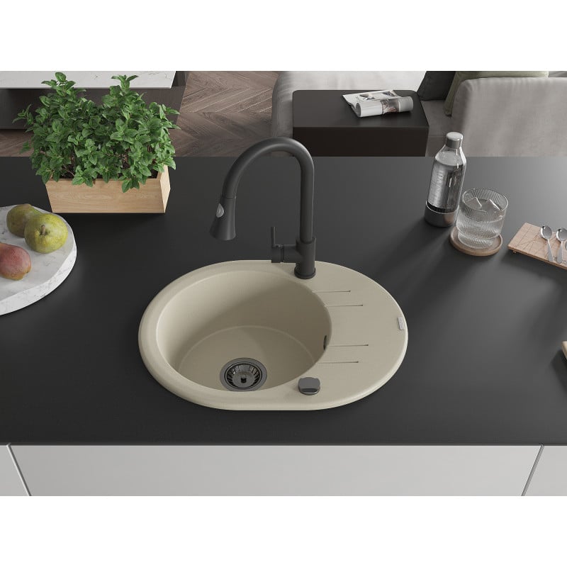 Mexen Kevin Granitspüle 1-Kammer mit Abtropffläche und Küchenarmatur Elia, beige - 6517-69-670101-70