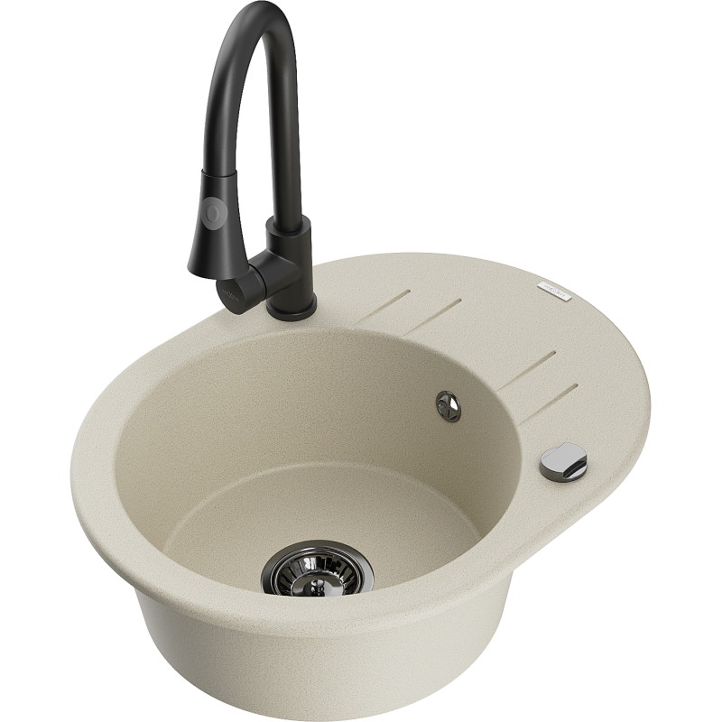Mexen Kevin Granitspüle 1-becken mit Abtropffläche und Küchenarmatur Elia, beige - 6517-69-670101-70
