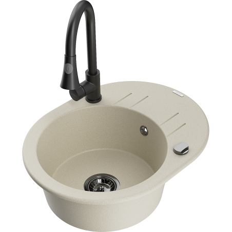 Mexen Kevin Granitspüle 1-Kammer mit Abtropffläche und Küchenarmatur Elia, beige - 6517-69-670101-70