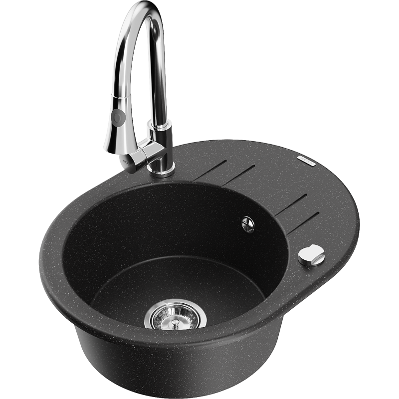 Mexen Kevin Granitspüle 1-Becken mit Abtropffläche und Küchenarmatur Elia, schwarz/silber metallic - 6517-73-670101-00