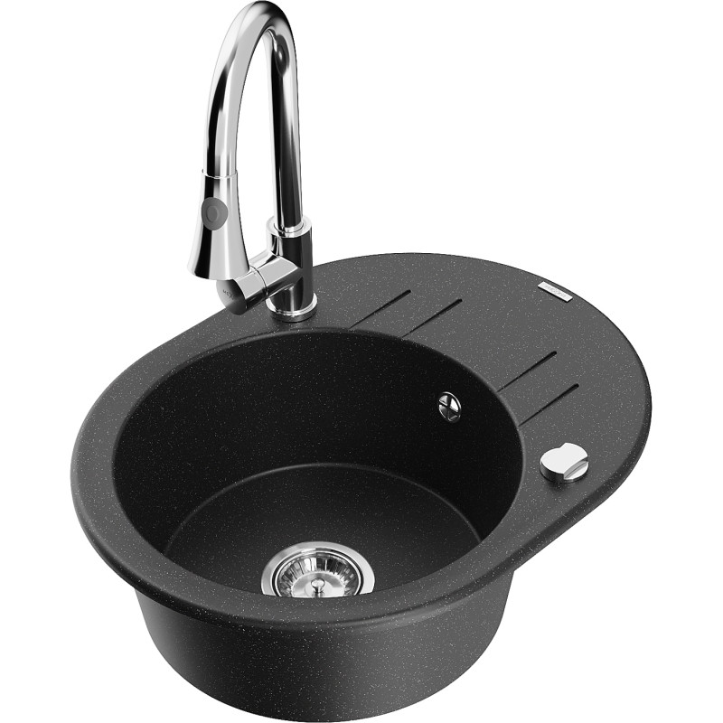 Mexen Kevin Granitspüle 1-beckig mit Abtropffläche und Küchenarmatur Elia, schwarz/silber metallic - 6517-73-670101-00