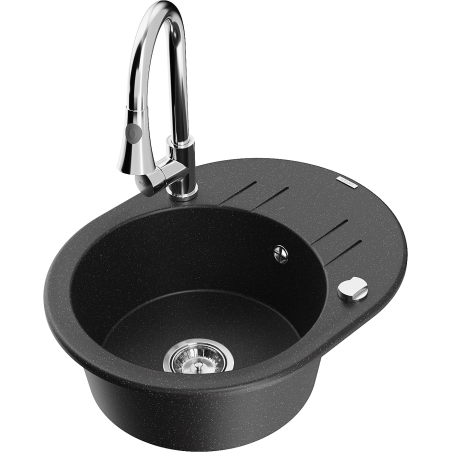 Mexen Kevin Granitspüle 1-Becken mit Abtropffläche und Küchenarmatur Elia, schwarz/silber metallic - 6517-73-670101-00