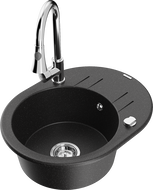 Mexen Kevin Granitspüle 1-Becken mit Abtropffläche und Küchenarmatur Elia, schwarz/silber metallic - 6517-73-670101-00