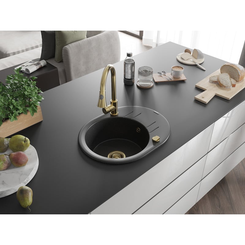 Mexen Kevin Granitspüle 1-Becken mit Ablage und Küchenarmatur Elia, schwarz/silber metallic - 6517-73-670101-50