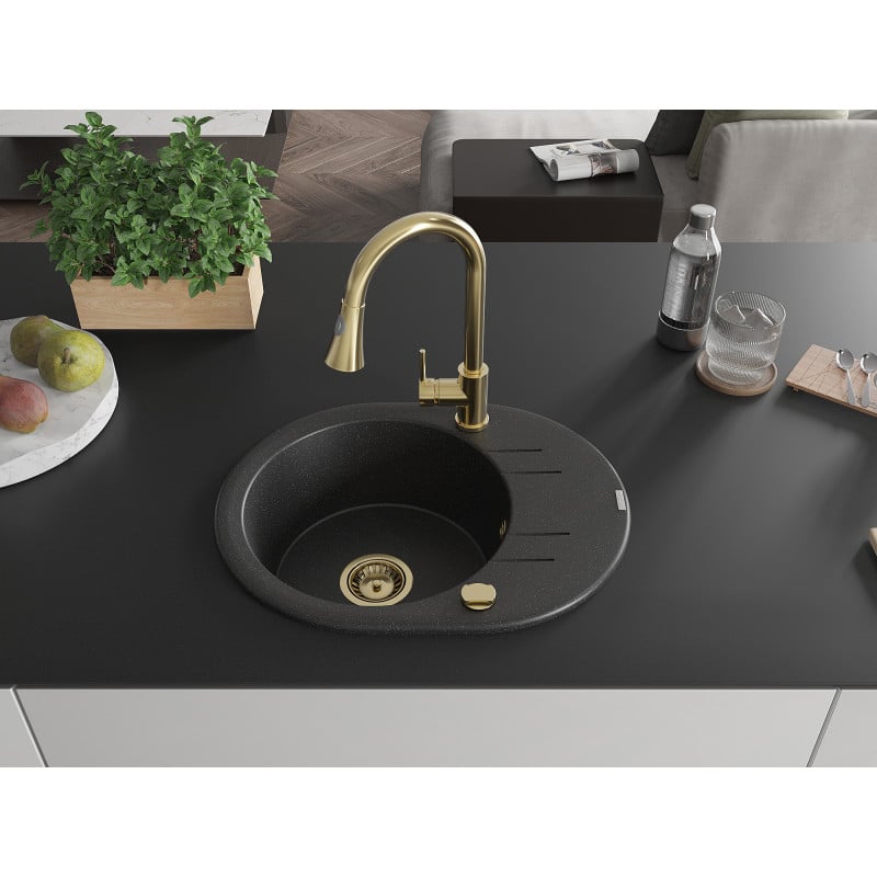 Mexen Kevin Granitspüle 1-Becken mit Ablage und Küchenarmatur Elia, schwarz/silber metallic - 6517-73-670101-50