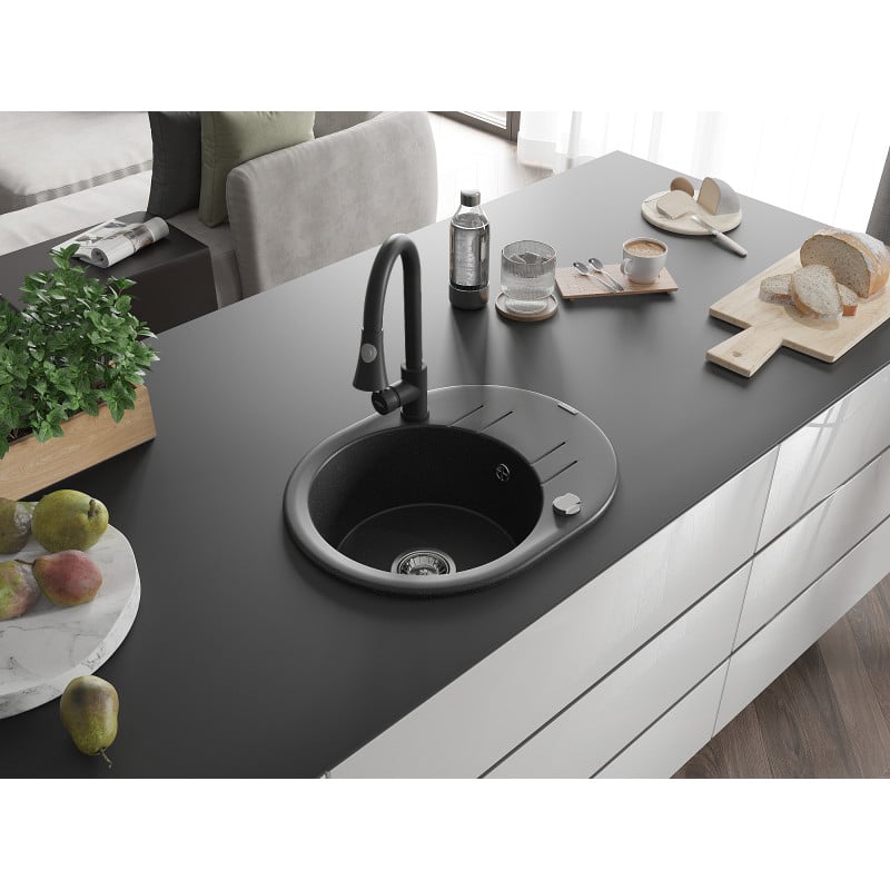 Mexen Kevin Granitspüle 1-beckig mit Abtropffläche und Küchenarmatur Elia, schwarz/silber metallic - 6517-73-670101-70
