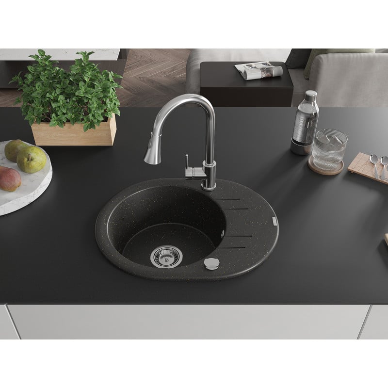 Mexen Kevin Granitspüle 1-beckig mit Abtropffläche und Küchenarmatur Elia, schwarz/gold metallic - 6517-75-670101-00