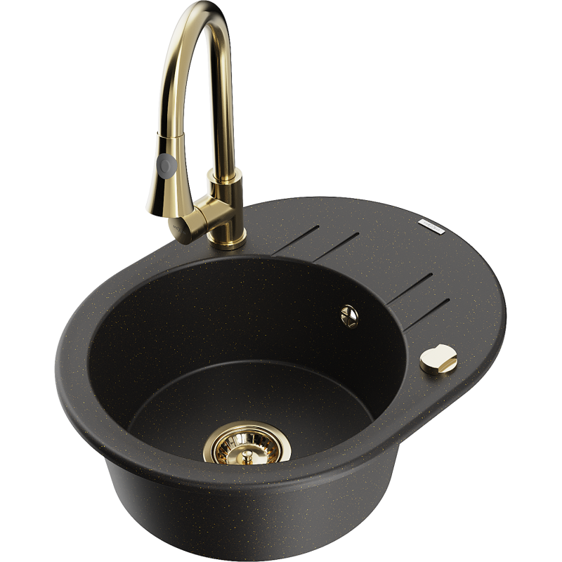 Mexen Kevin Granitspüle 1-Becken mit Abtropffläche und Küchenarmatur Elia, schwarz/gold metallic - 6517-75-670101-50