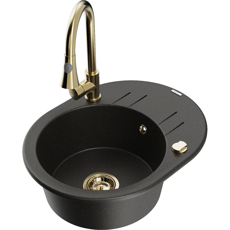 Mexen Kevin Granitspüle 1-beckig mit Abtropffläche und Küchenarmatur Elia, schwarz/gold metallic - 6517-75-670101-50