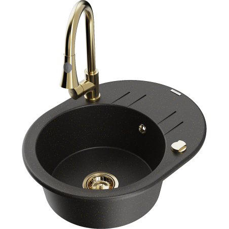 Mexen Kevin Granitspüle 1-Becken mit Abtropffläche und Küchenarmatur Elia, schwarz/gold metallic - 6517-75-670101-50