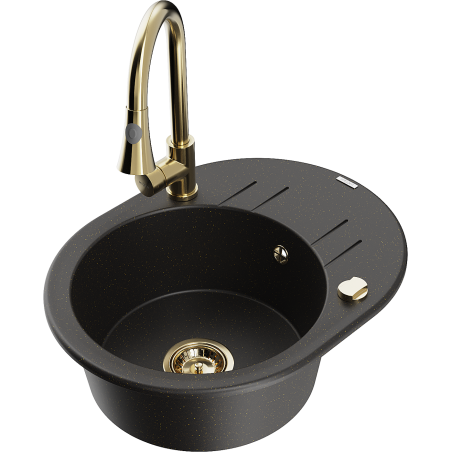 Mexen Kevin Granitspüle 1-Becken mit Abtropffläche und Küchenarmatur Elia, schwarz/goldener Metallic - 6517-75-670101-50